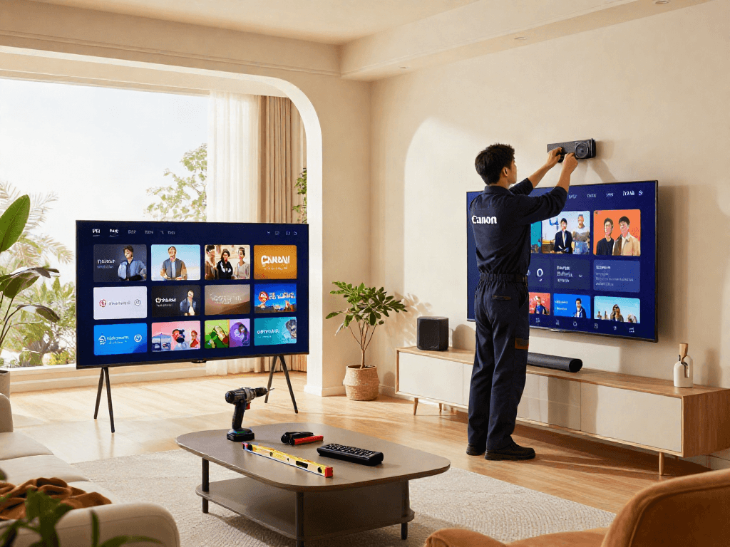 Technician setting up Iron TV Pro in modern living room, showcasing home entertainment installation.