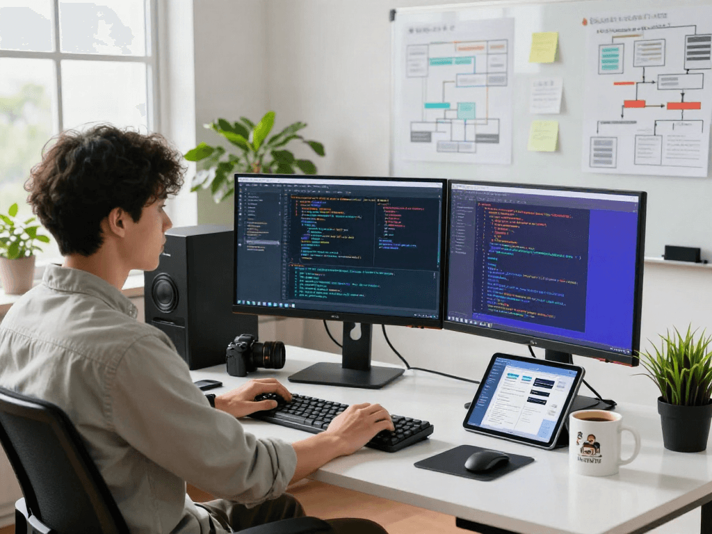 Développeur travaillant sur le logiciel Atlas pro dans un bureau moderne, entouré de matériel informatique et de notes de projet.