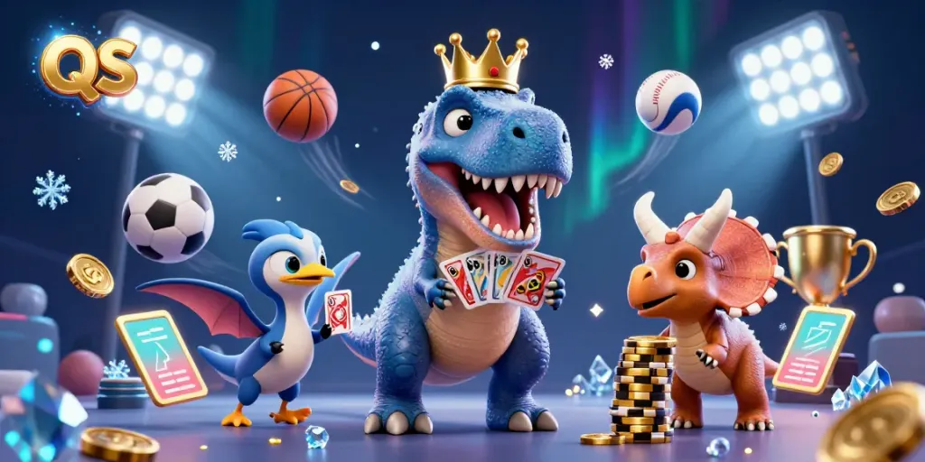 QS88 showcases a dinosaur-themed casino scene with a T-Rex shuffling cards, enhancing thrills.