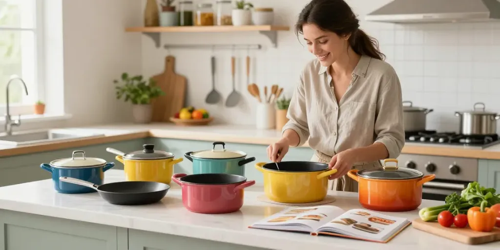 Explore cookware price in bangladesh with various pots and pans in a bright kitchen.