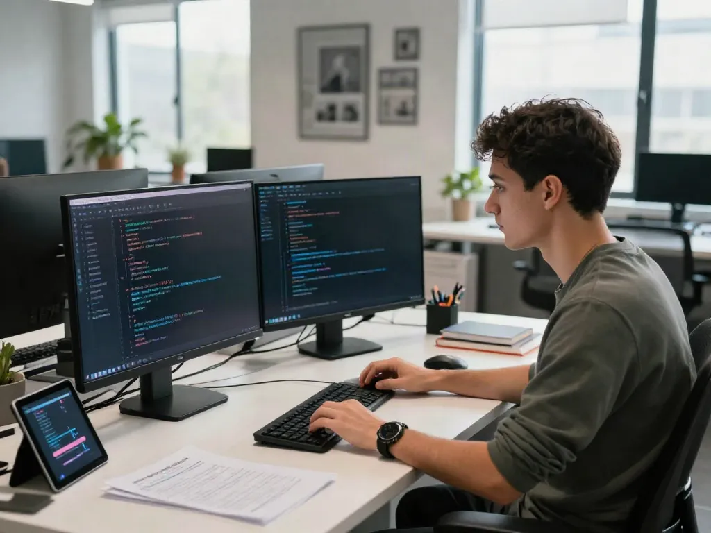 Engaging workspace for uncensored AI chat development with tech gadgets and a collaborative atmosphere