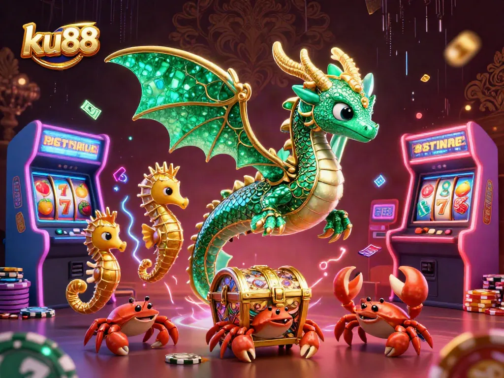 Experience excitement at ku88 with a colorful casino scene featuring a dragon and vibrant gaming elements.