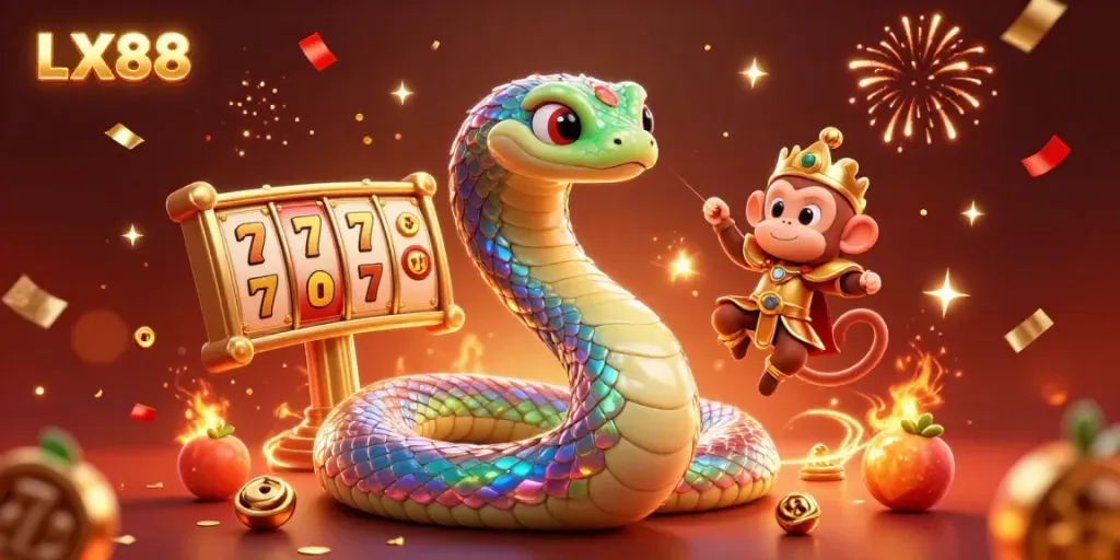 LX88 showcases a vibrant casino scene with a rainbow serpent and jackpot symbols creating a magical atmosphere.