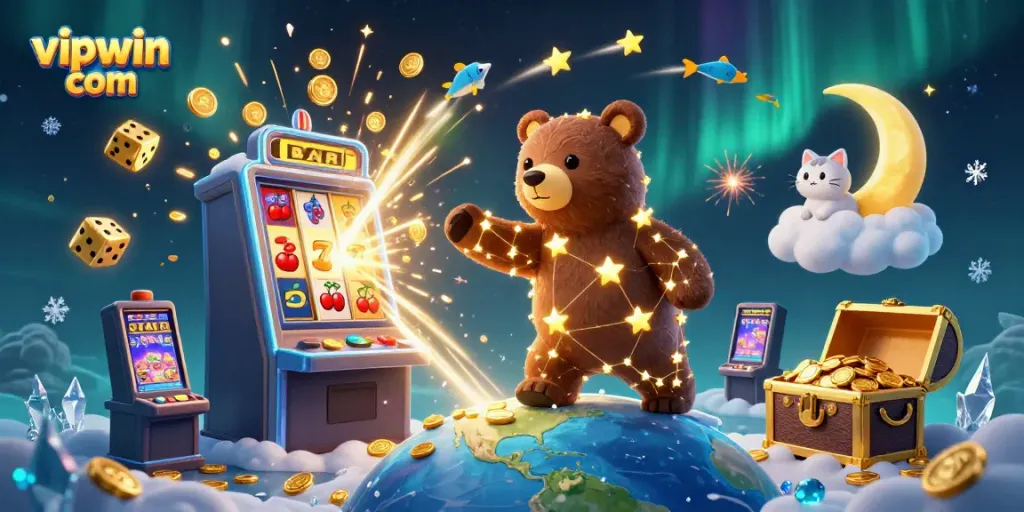 Engage with vipwin com's dynamic gambling adventure featuring vibrant slot machines and stars.