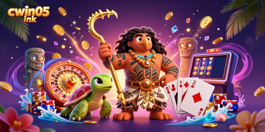 Experience winning moments with cwin05 ink as a demigod and turtle inspire luck in a vibrant casino scene.