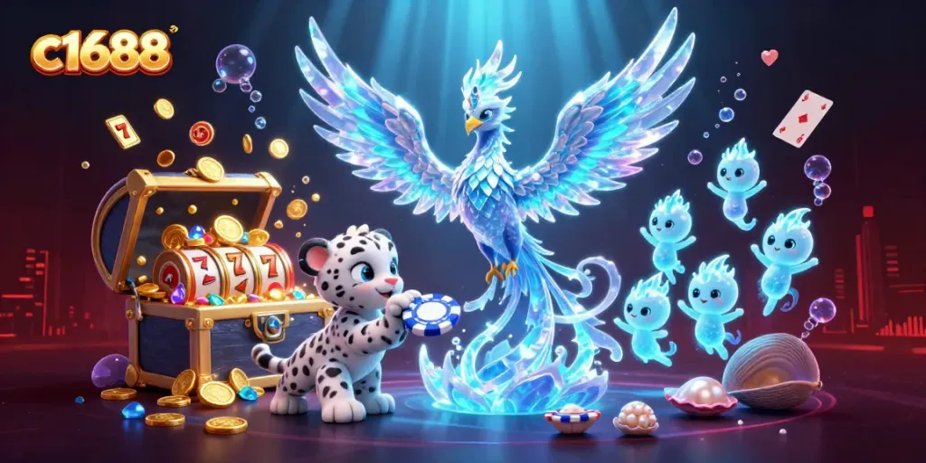 Experience the thrill of c1688 as a phoenix leads playful characters in an enchanting online casino scene.