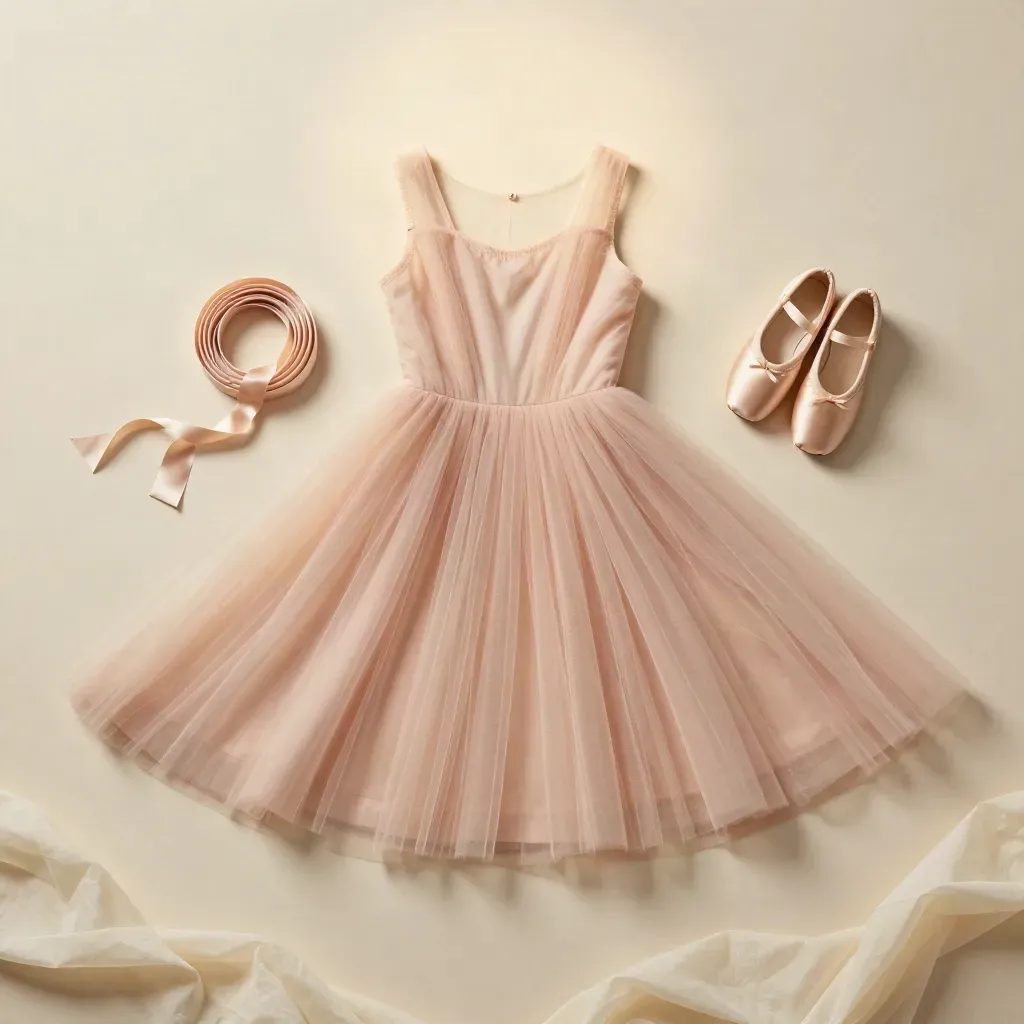Robe en tulle rose pâle, ballerines miniatures et ruban satiné sur fond crème.