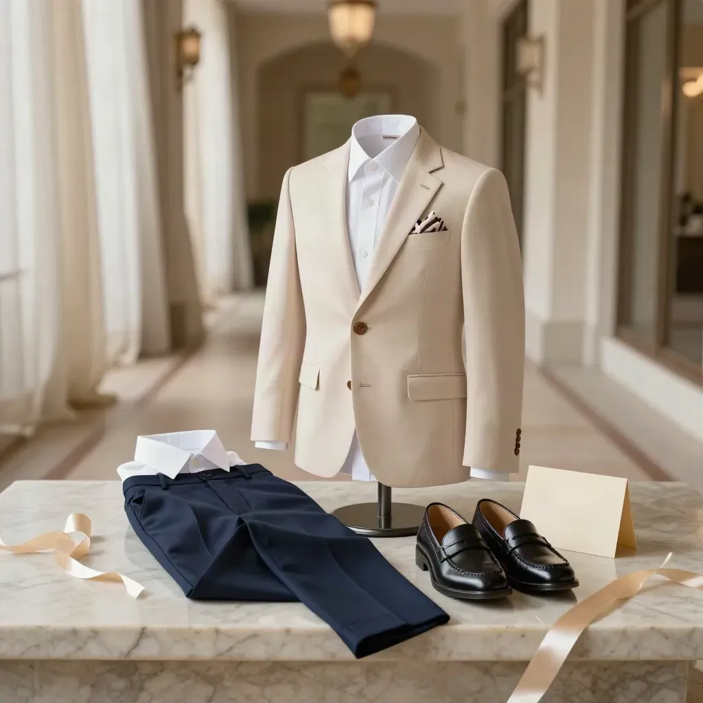 Tenue de cérémonie garçon sur banquette de marbre, chemise blanche, veste crème et pantalon marine.