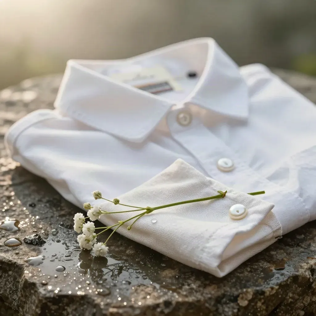 Chemise blanche à col Pierrot sur pierre mouillée, avec mouchoir de lin et gypsophile.