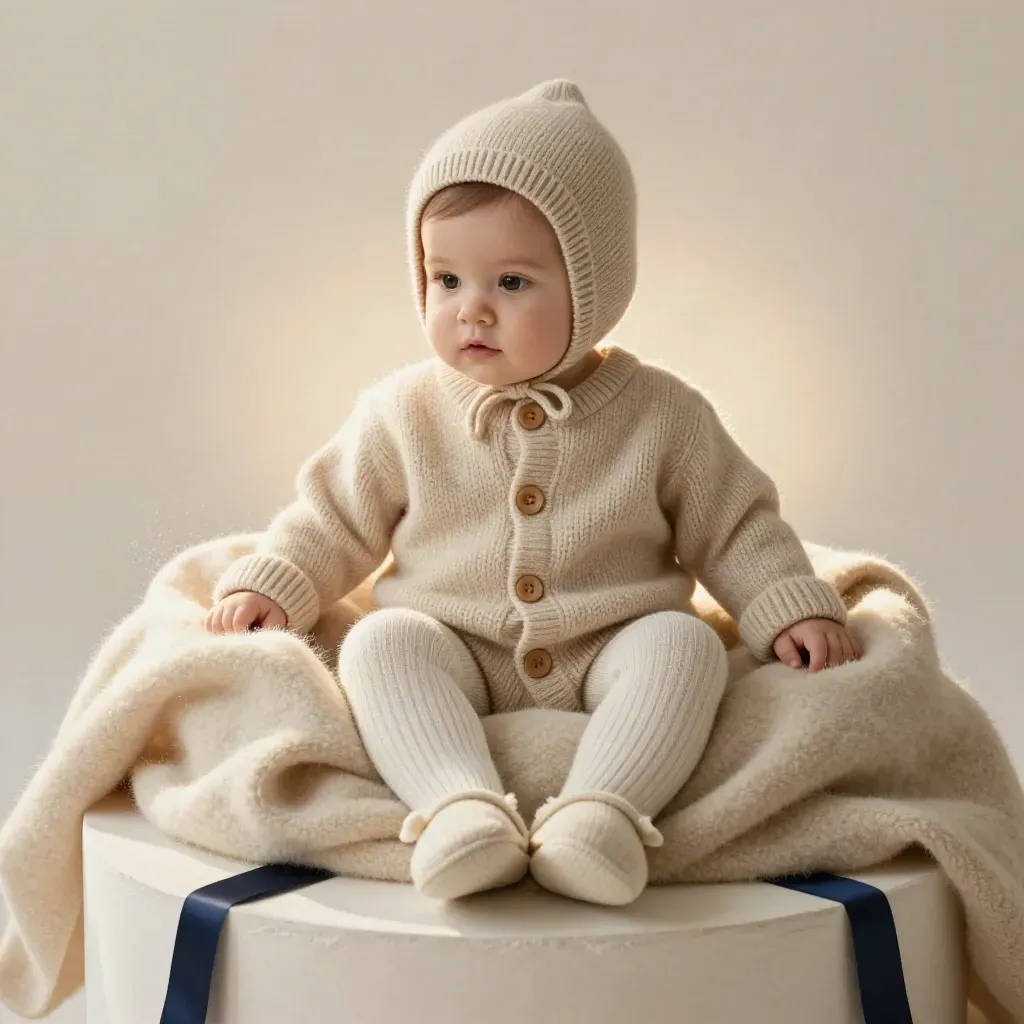 Cardigan en maille avoine, bonnet, collant et chaussons sur drapé de laine claire.