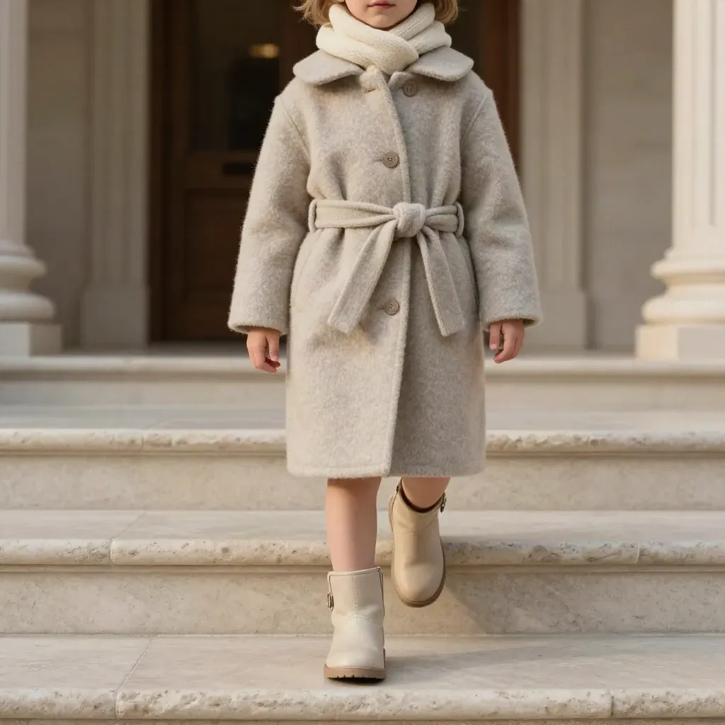 Manteau en laine sable avec écharpe écrue et bottines, sur marche de travertin, vue basse dramatique.