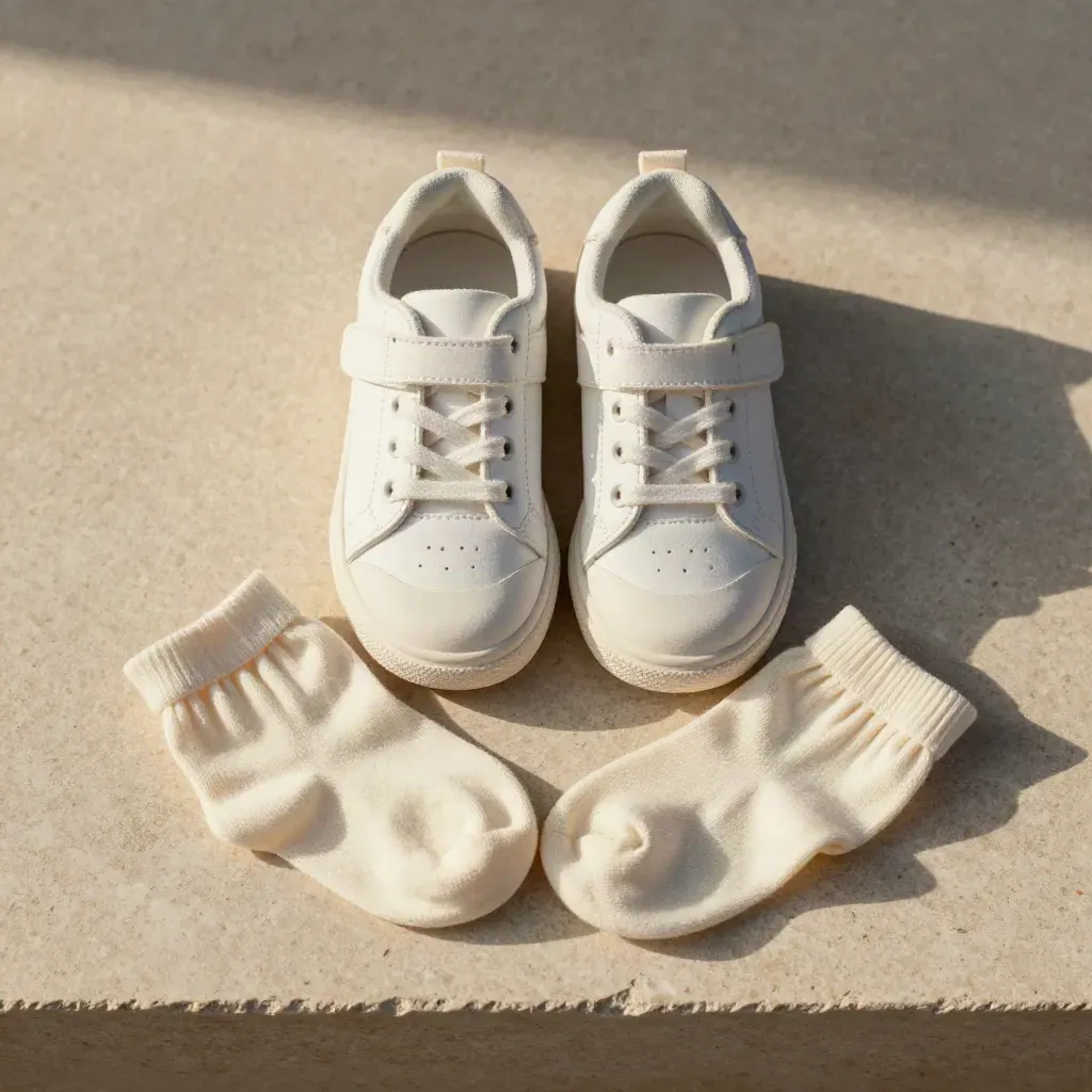 Vue zénithale de baskets blanches pour enfant, chaussettes pliées et ruban de coton sur pierre crème.