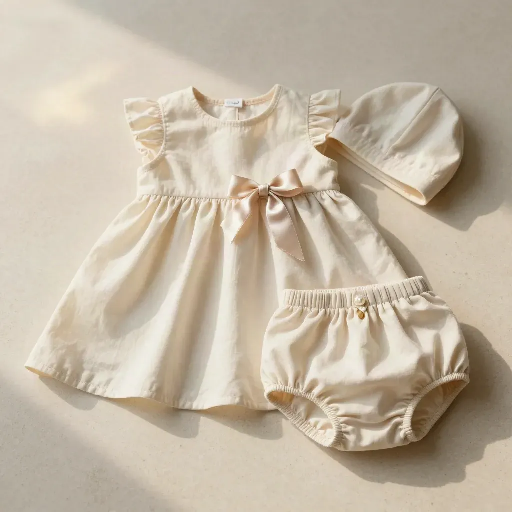 Robe bébé crème avec bloomer et bonnet sur drapé, sur fond travertin lumineux.