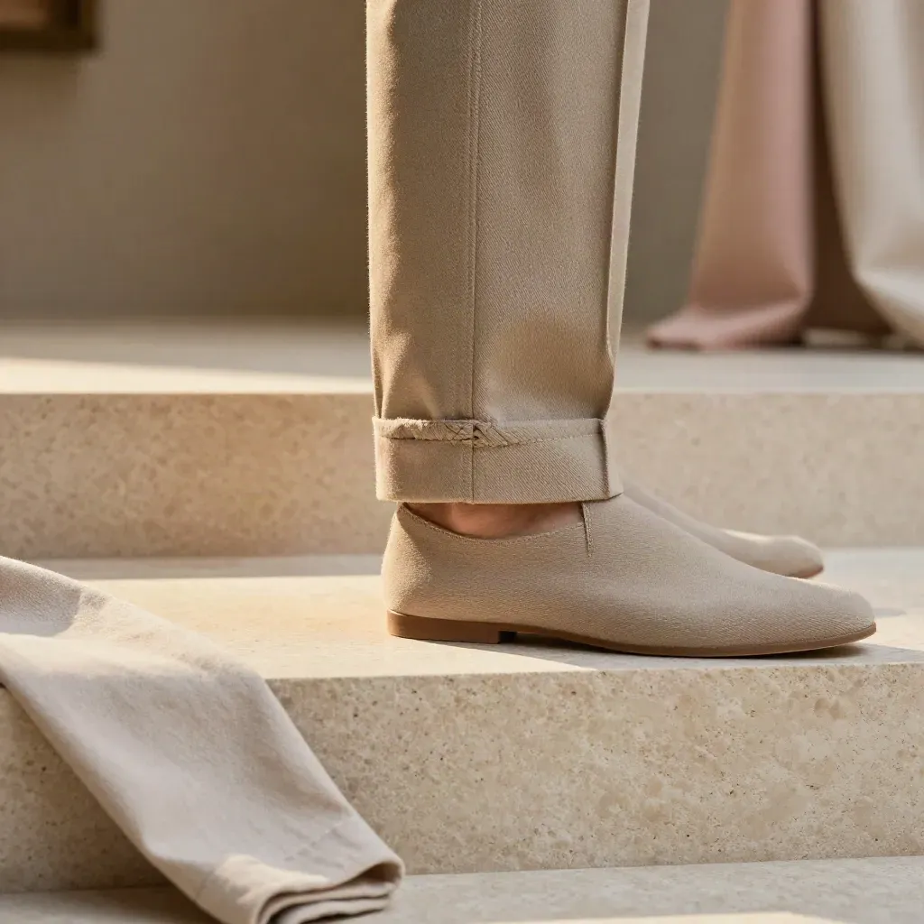 Pantalon chino beige sable sur pierre claire, gros plan couture et ourlet net.