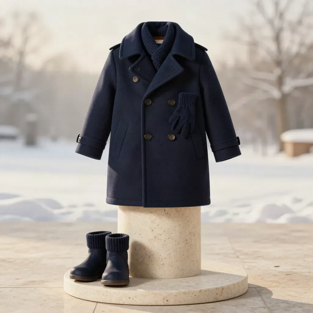 Caban marine pour enfant avec écharpe, gants miniatures et bottillons sur fond clair.