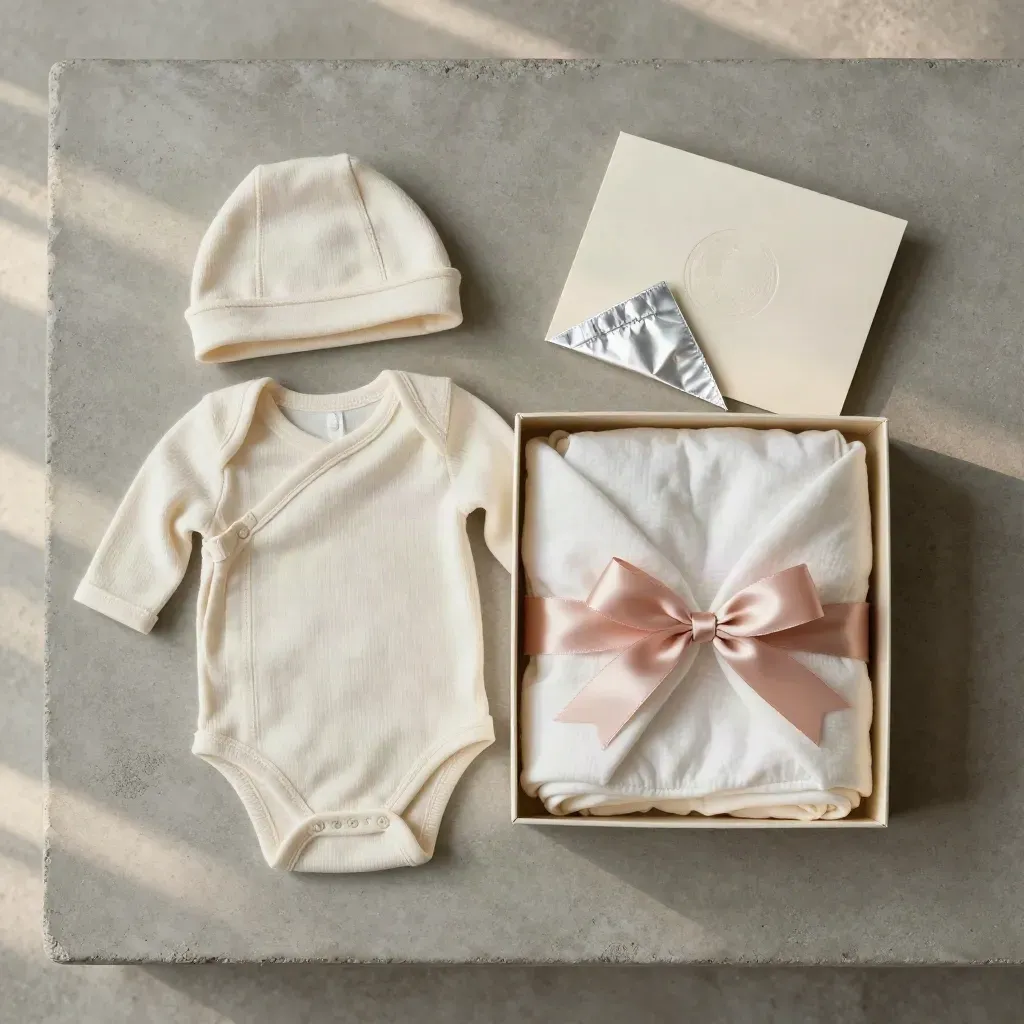 Coffret naissance avec body, bonnet et couverture pliée dans une boîte cadeau ouverte, vue du dessus.