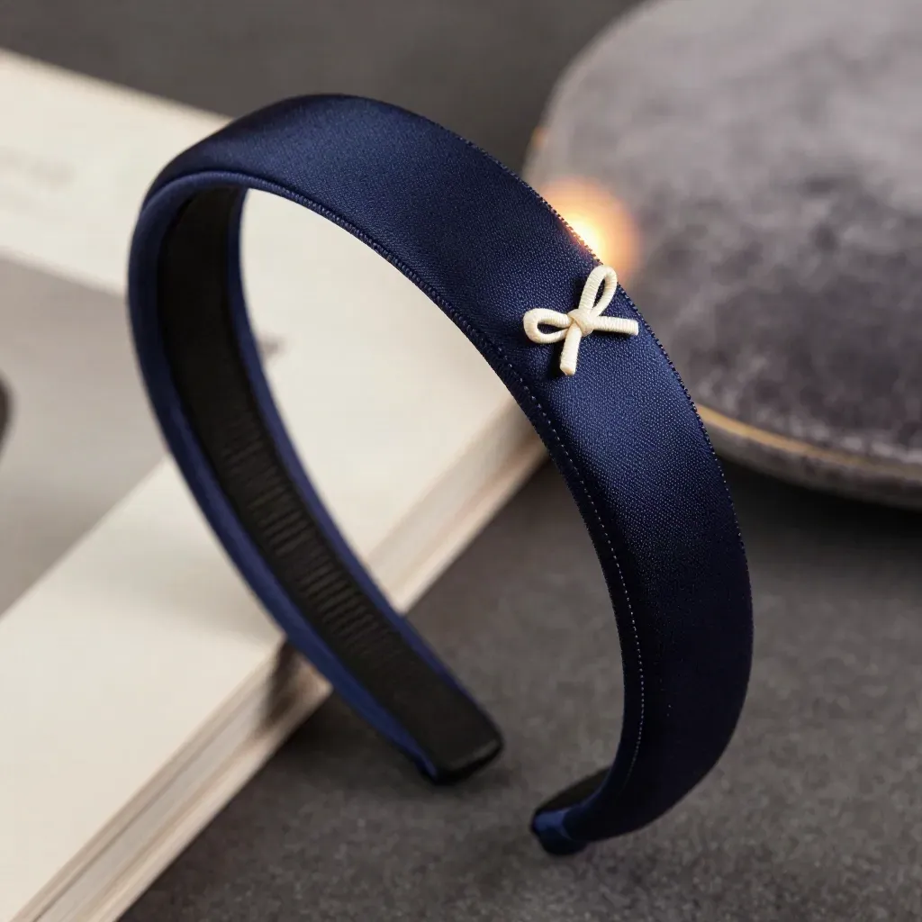 Gros plan d’un serre-tête en satin bleu marine avec petit ruban ivoire sur fond doux.