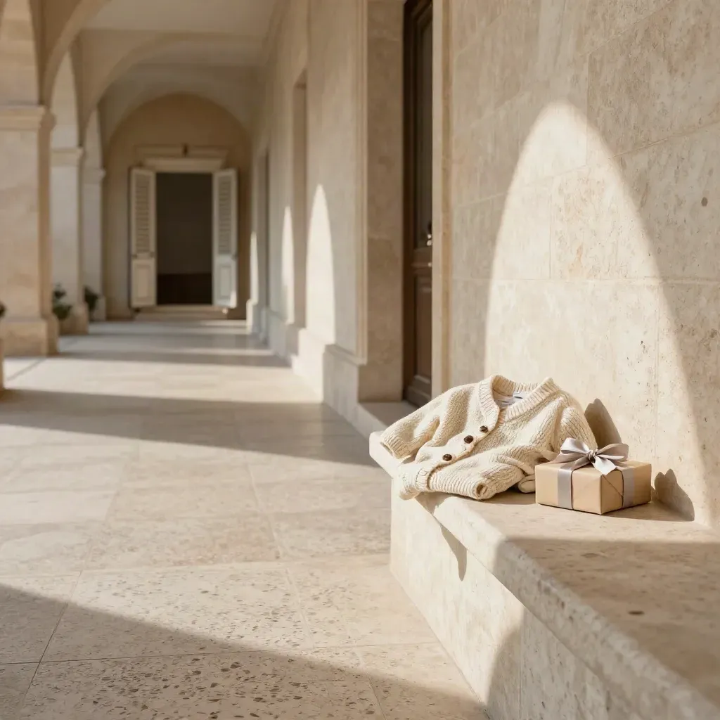 Arcade de pierre lumineuse, couloir en terrazzo pâle et petit cadeau naissance en hauteur.