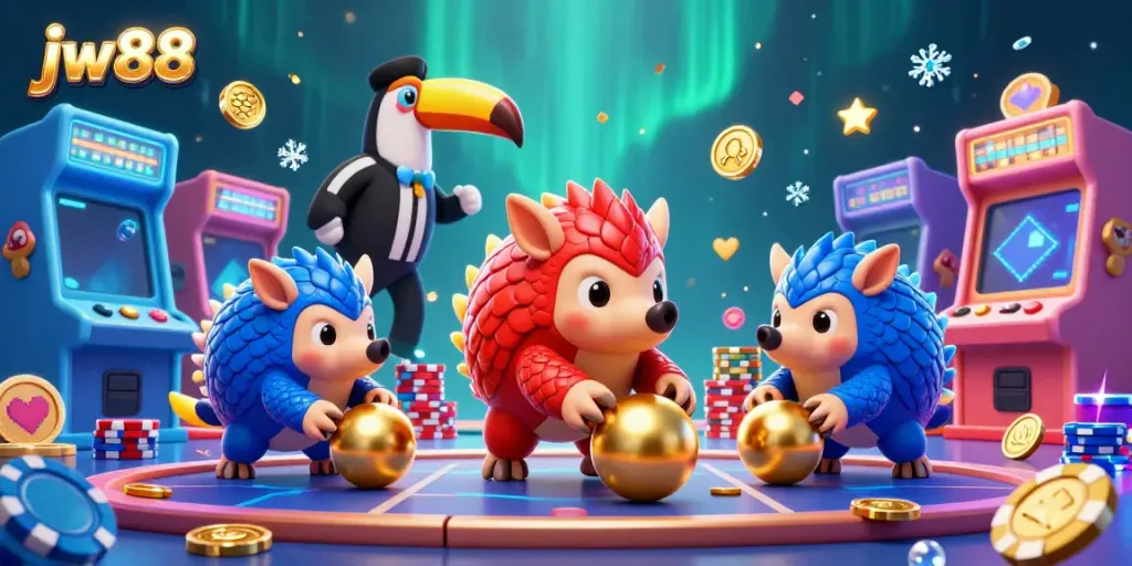 Experience thrilling adventures at jw88 with colorful 3D pangolins and casino elements.