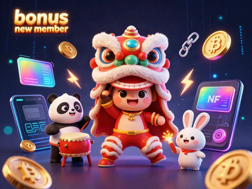 Engage with a vibrant scene showcasing a bonus new member celebration in a dynamic casino atmosphere with animated characters and crypto elements.
