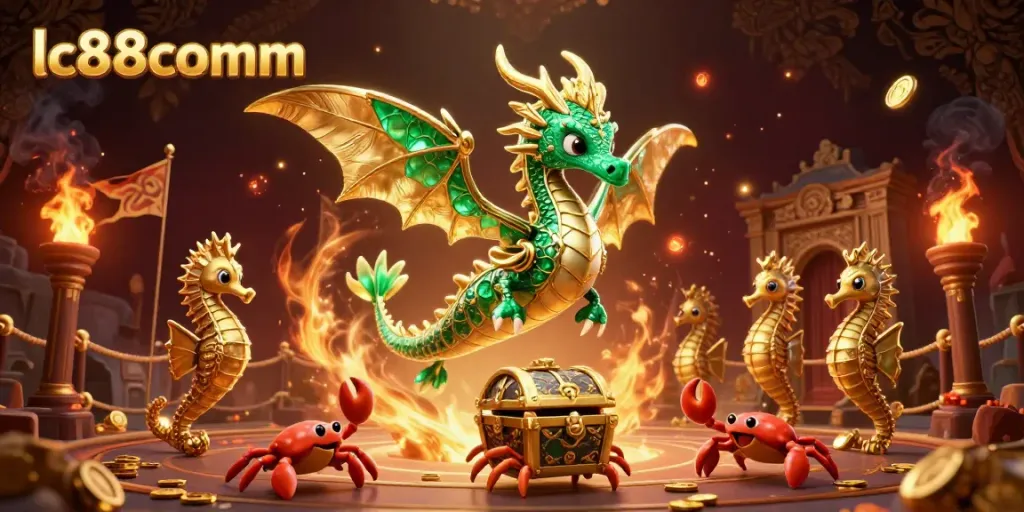 Experience thrilling gaming at lc88comm with vibrant 3D illustration of a sea dragon and treasure elements.