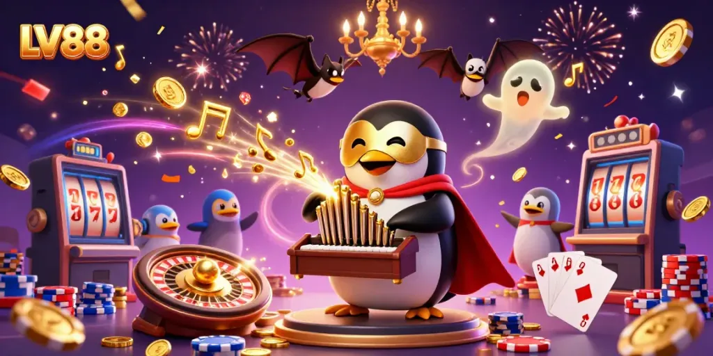 Experience the excitement of winning at LV88 with golden coins and casino elements in a dynamic 3D scene.