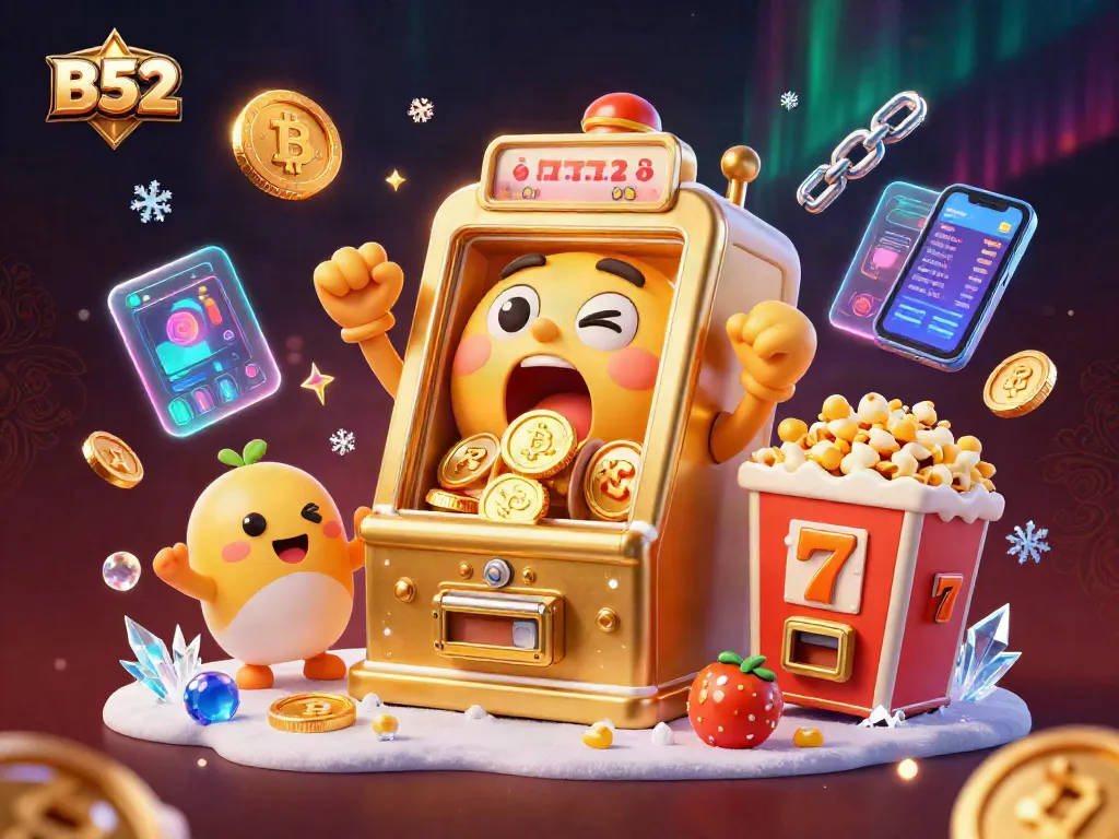 Spin the B52 slot machine jackpot in a vibrant, animated casino scene with cheering characters.